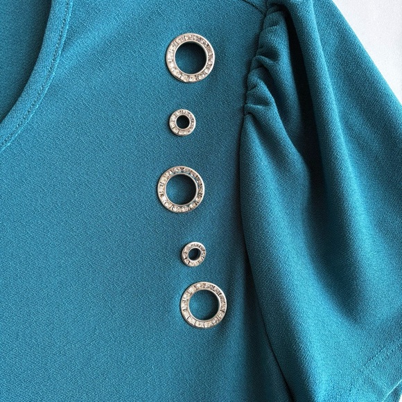 89th & Madison Teal Short Sleeve Top with Eyelet Accents - Picture 3 of 5